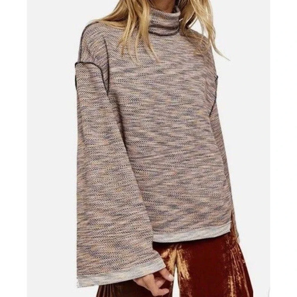 Free People Sunny Days Turtleneck Sweater Large Oversized Boho Lagenlook Minimal